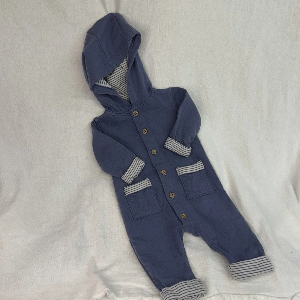 Carter's 3M Blue With Striped Accents Hooded Zipper One-Piece Outfit Jumper
